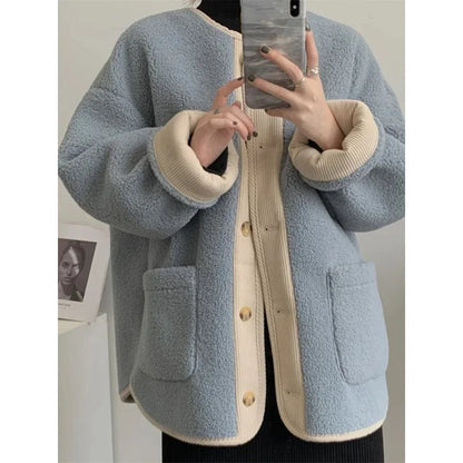 2024 Winter New Women's Lamb Wool Jacket Petite Loose-Fit Thickened Integrated Deer Skin Fleece Medium-Length Korean Style