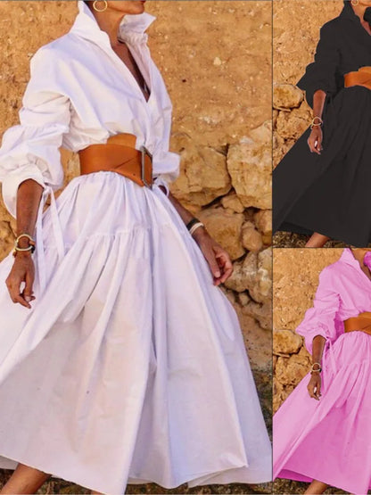 2024 Autumn New Women's Clothing Solid Color Fashionable Temperament Long Sleeved Sleeve Lace Up Casual Mid Length Lapel Dress