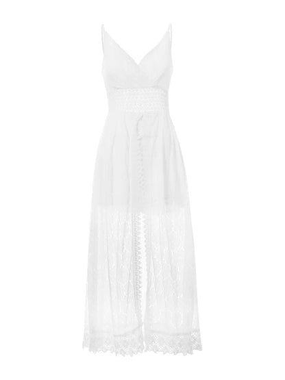 2025 Summer Women Lace Playsuit Dress Sleeveless V Neck Hollow Out Irregular Midi Dress Sexy Elegant Casual Bohemian Dresses