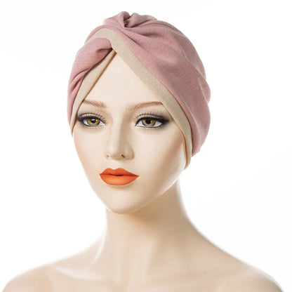 New Women Fashion Twisted Indian Hats Two Color Stitched Forehead Cross Folded Muslim Hijab Ladies Pleated Hijab Hat