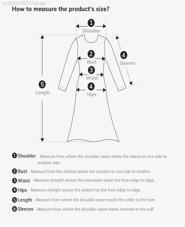 Size measurement guide for gothic black party dress for women with dimensions for shoulder, waist, hips, and sleeves