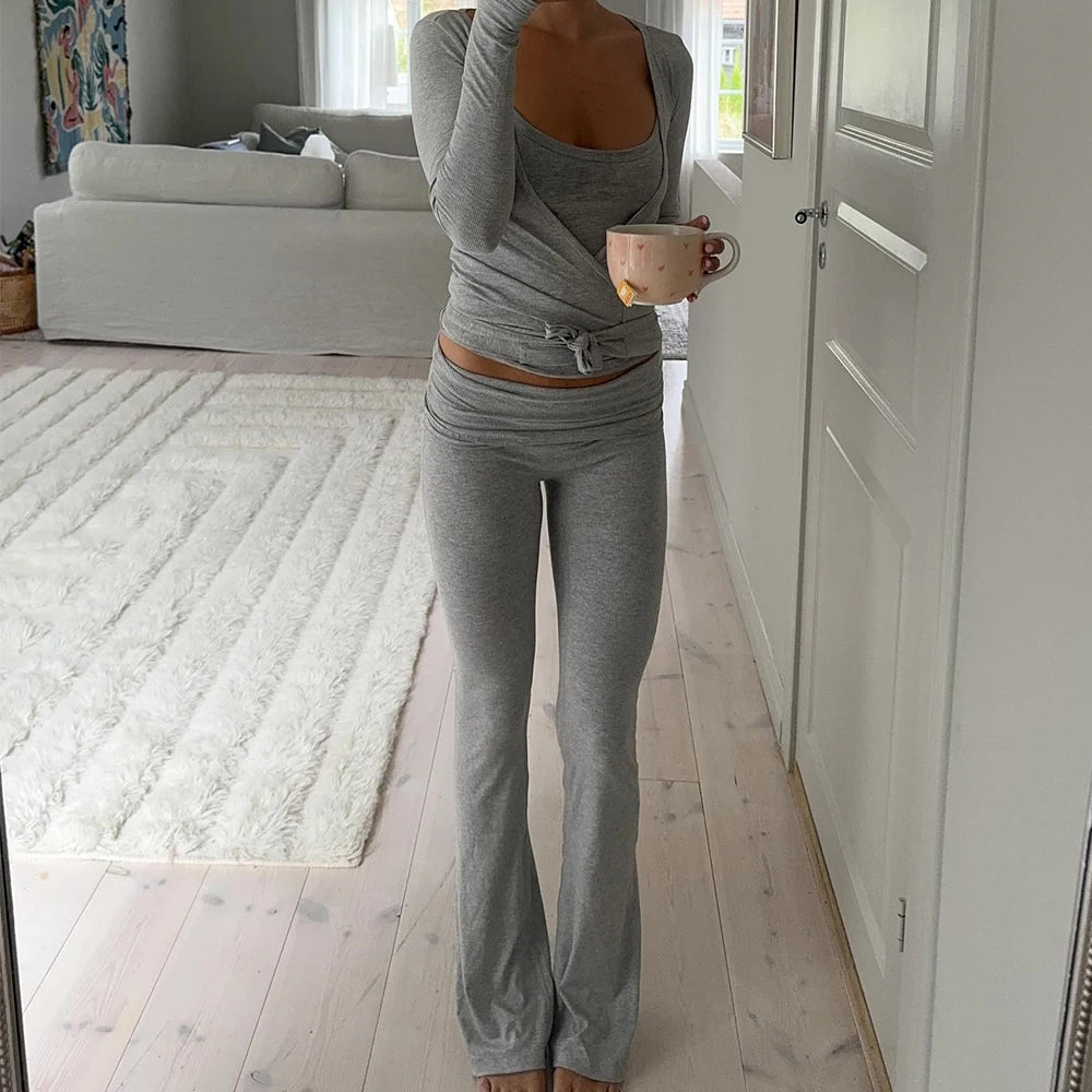 Women Autumn y2k Yoga 2 Piece Outfits Casual Solid Tie up Hem Wrap Long Sleeves V-neck Crop Tops Elastic Flare Pants Tracksuits