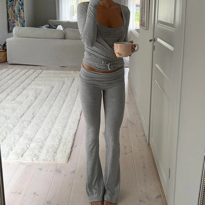 Women Autumn y2k Yoga 2 Piece Outfits Casual Solid Tie up Hem Wrap Long Sleeves V-neck Crop Tops Elastic Flare Pants Tracksuits