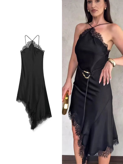 2025 Sexy Lace Spliced Sling Dresses For Women Elegant Sleeveless Backless Irregular Hem Dress Lady Chic Holiday Party Wear