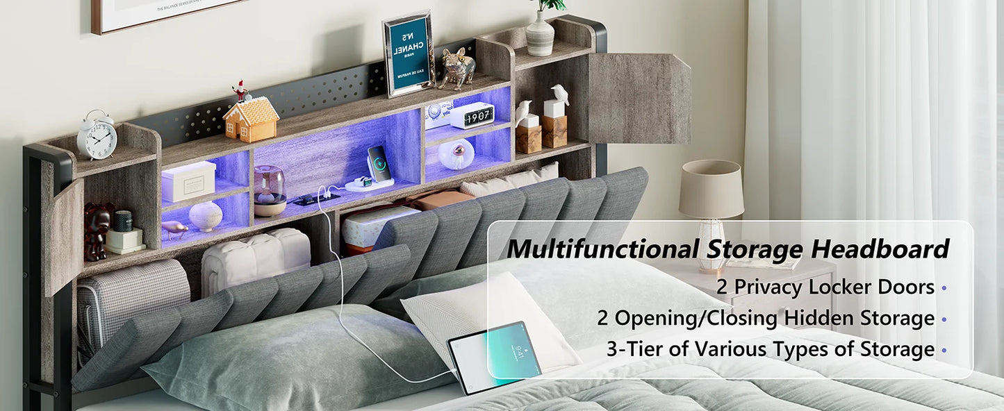Queen Bed Frame with Storage Bookcase Headboard & LED Lights,Upholstered Bed Frame with USBCharging Station,No Box Spring Needed