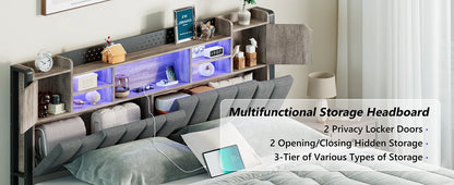Queen Bed Frame with Storage Bookcase Headboard & LED Lights,Upholstered Bed Frame with USBCharging Station,No Box Spring Needed