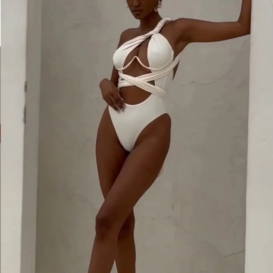 BEACHCICI Women's Bikini One Piece Sexy Solid One Shoulder Slim Tie Up Pleated Hollow Out Nipped Waist Beach Swimwear For Female