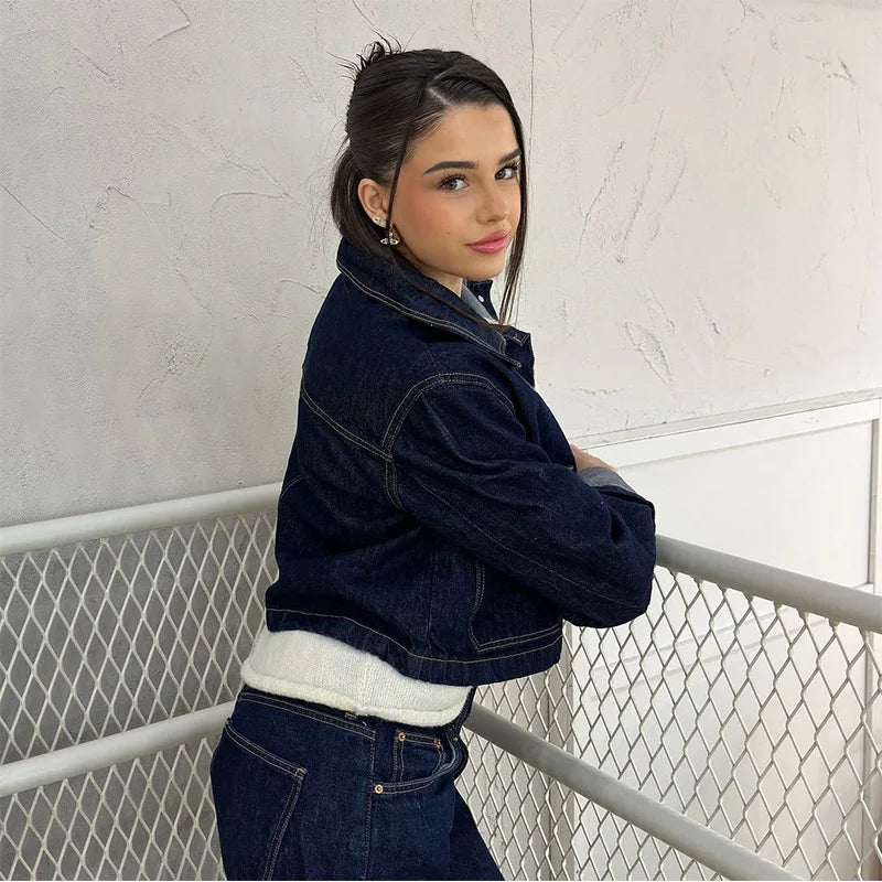 Denim Skirt Women Set Casual Long Sleeve Lapel Pocket Button Jacket Pleated Min Skirts 2025 Spring Summer Lady Suit