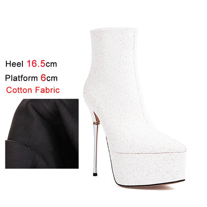 2025 New Autumn Winter Shiny Stiletto Ankle Boots Woman High Heels Glitter Bling Short Boots Women Platform Pointed Toe Shoes