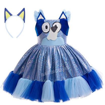 Blue dog tutu dress for girls featuring a sparkling skirt and character design with matching headband