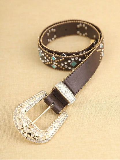 1 Piece Brown Ladies PU Chain Diamond Sapphire Blue Belt Fashion Pop Bohemian Style Belt for Daily Use