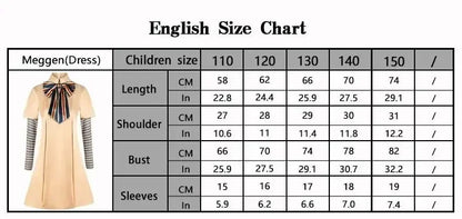 M3GAN cosplay costume for kids featuring a stylish dress with striped sleeves and a bow detail