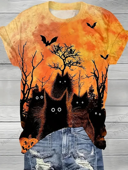 EtherealBe Halloween 3D print t-shirt women featuring spooky black cats on an orange background