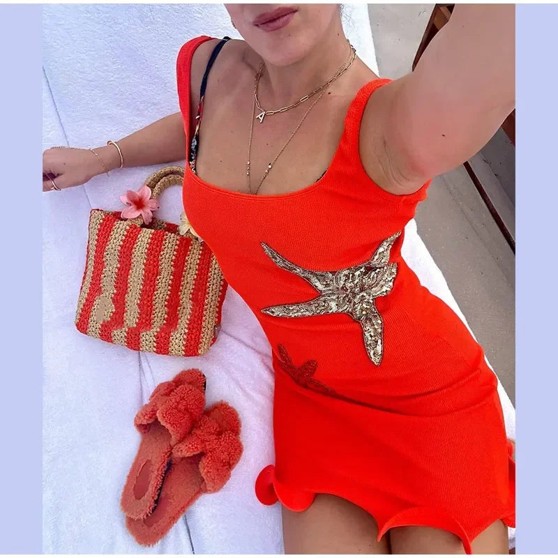 Prined Casual Women Star Mini Dress Fashion Sling Sleeveless Backless Pleat High Waist Robe 2025 New Female Beach Vacation Wear