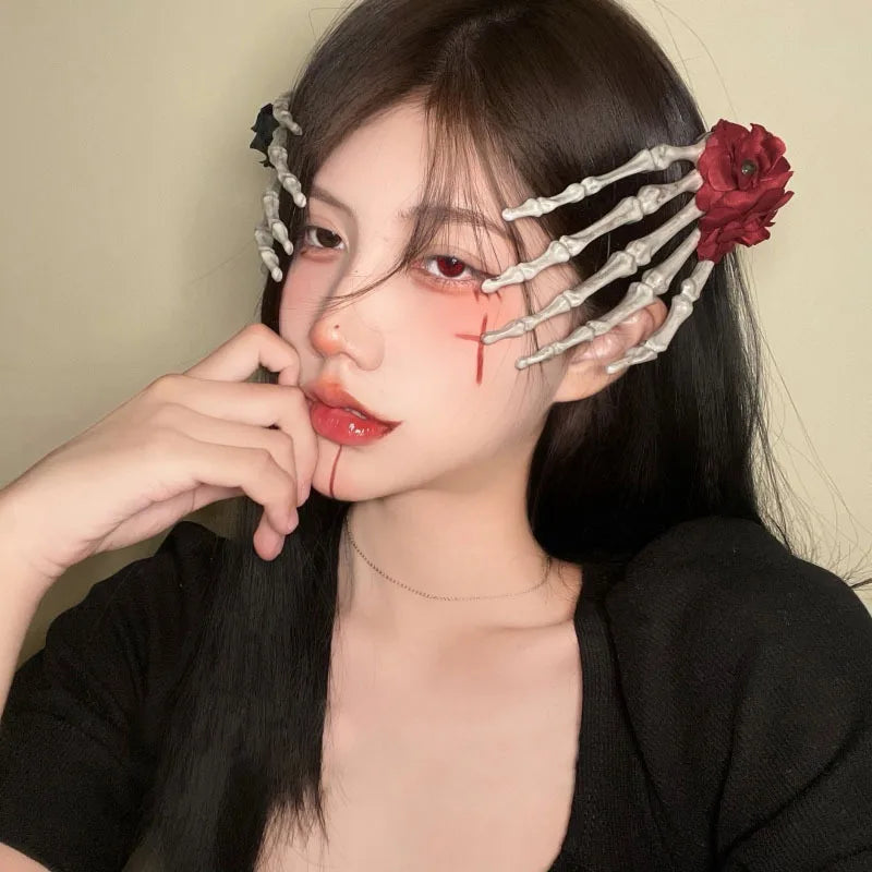 EtherealBe women's Halloween skull hairpin featuring skeletal design with roses for festive looks