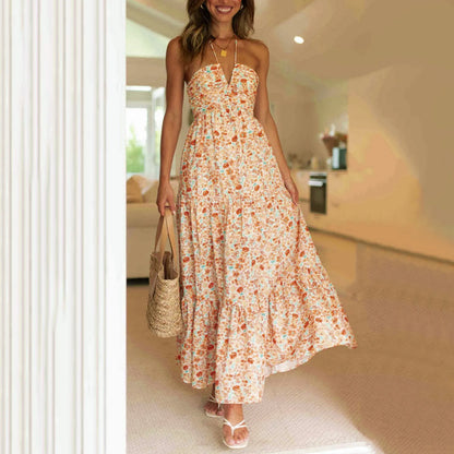 Summer Holiday Maxi Dress Women Spaghetti Strap V Neck Chic Sleeveless Floor Length Flowing Dresses Vacation Beach Long Dress