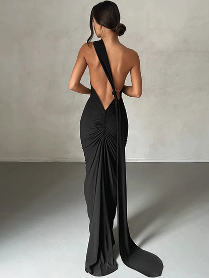 Hugcitar One Shoulder Backless Adjustable Scarf Loop Ruched Sexy Maxi Dress 2025 Women Elegant Y2K Streetwear Festival Outfit