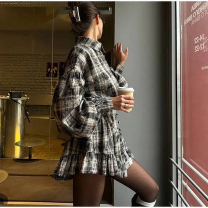 Plaid Print Shirt Ruffles Skirts Set Women Elegant Lapel Button Up Tops Loose Mini A-line Skirt Spring New Lady Chic Outfit LK9Q