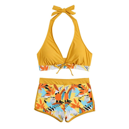 Women's Paneled Printed Swimsuit Ladies Fashion Sexy Split Boxer High Waist Swimsuit Two-Piece Set V-Neck Bathing Suits Female