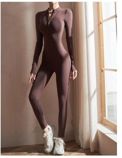 Womens Jumpsuits Long Sleeve Yoga Slim Fit Stretch One Piece Romper Sexy Fitness Female Basic Sportwears Tight Zipper