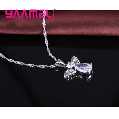 Sale Specials Cute Angel Shape Jewelry Sets Crystal 925 Sterling Silver Color Pendant Necklace And Earring Set Lady Birthday
