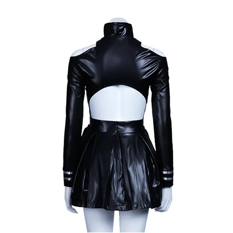 EtherealBe black faux leather women's cosplay costume with high collar open back pleated skirt