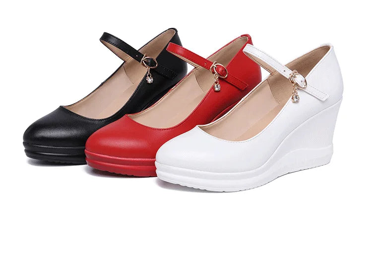 high quality leather shoe for women 7cm wedge high heel platform round toe 32 33 42 43 elegant and fashion shoe white red black