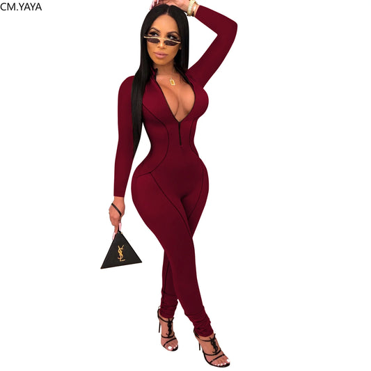 New Autumn Women Zipper Up Striped Splicing Long Sleeve Bodycon Moto Biker Jumpsuit Sexy Club Night Party Romper Playsuit GL9371