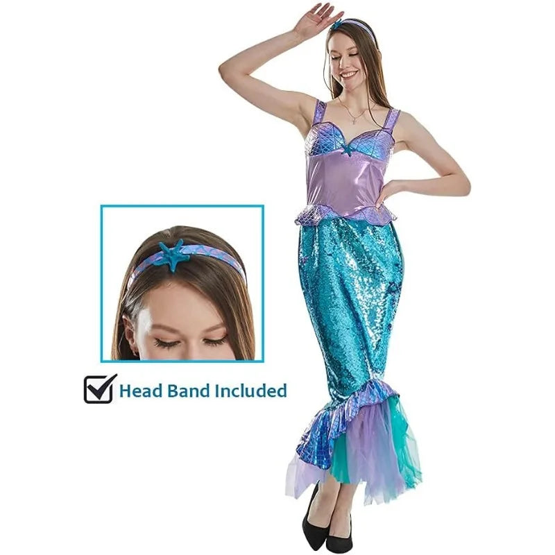 The Mermaid Cosplay Costume for Women Halloween Sea-maid Tail Dress Adult Blue Sequins Skirts Pool Party Ocean Princess Outfit