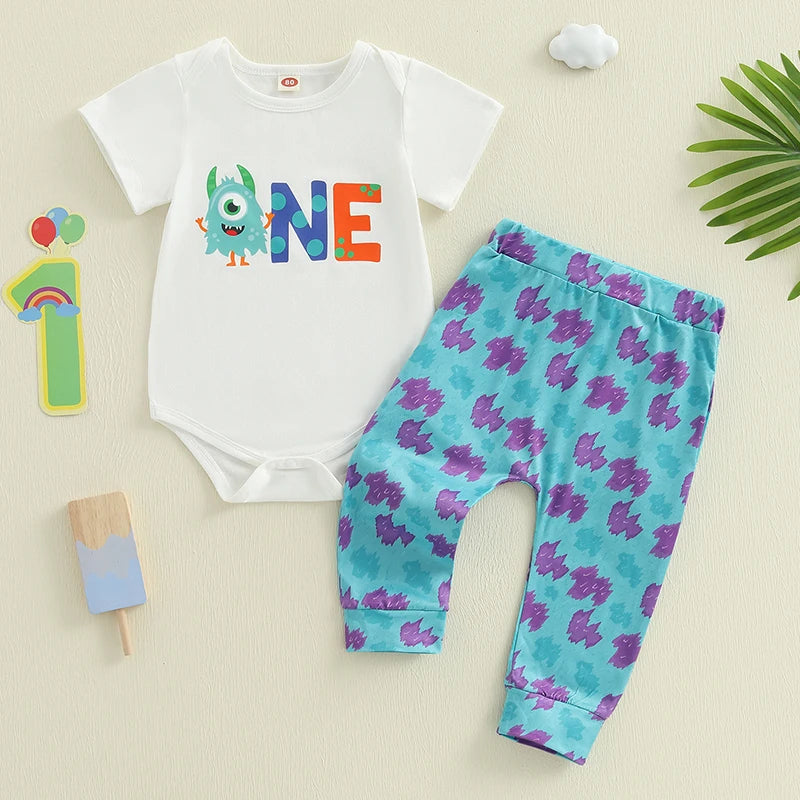 Baby Boys 1st Birthday Outfits Dinosaur Print Short Sleeve Bodysuit and Pants 2Pcs Clothing Set for Toddler Boys Party Wear