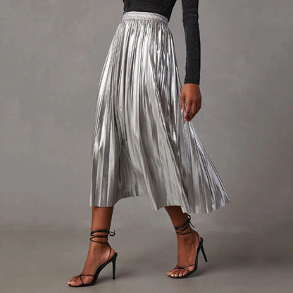 Silver A Line Skirts Hot Stamping Shiny Pleated High Waist Pleated Skirt Anti Permeability Length Autumn Shinny Korean Bottoms