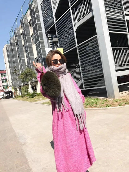 Winter Women Dress Fall Sweater Women Dress Long Sleeve Knitted Dresses Maxi Vintage Oversize Dresses Knitting Thick Warm Purple