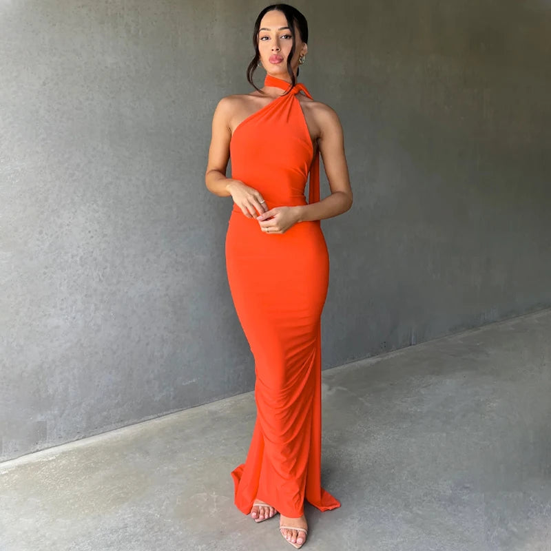 Hugcitar One Shoulder Backless Adjustable Scarf Loop Ruched Sexy Maxi Dress 2025 Women Elegant Y2K Streetwear Festival Outfit