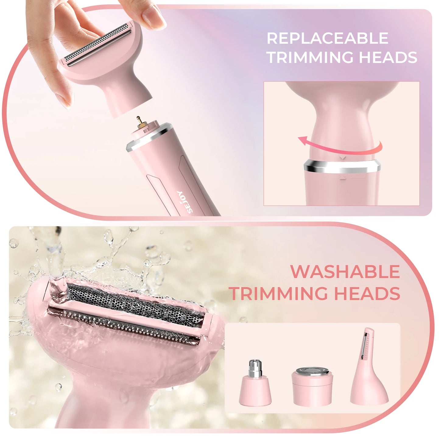 Sejoy 4 In 1 Electric Lady Shaver Portable, Body Hair Removal Epilator, Painless Cordless Trimmer Razor for Women