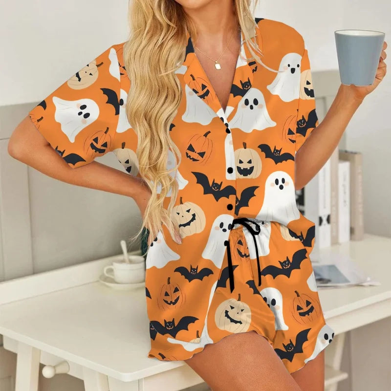 Women Halloween Pajama Set Pumpkin Short Sleeve Button-up Tops Elastic Waist Shorts 2 Piece Sleepwear Outfit