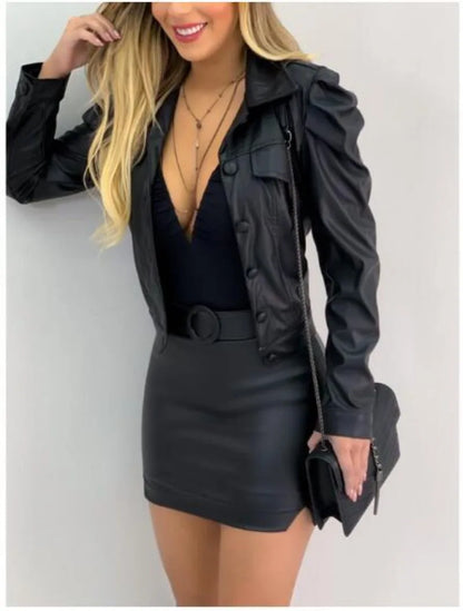 Women's Fashion Collar PU Leather Short Cardigan Jacket Fashionable Street Style Commuting Jacket Casual Versatile Wear