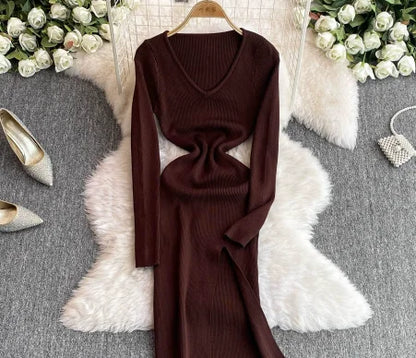 Autumn Winter Sexy High Split Sweater Dress Women Full Sleeve Basic Slim Elastic Bodycon Long Dress Party Vestidos