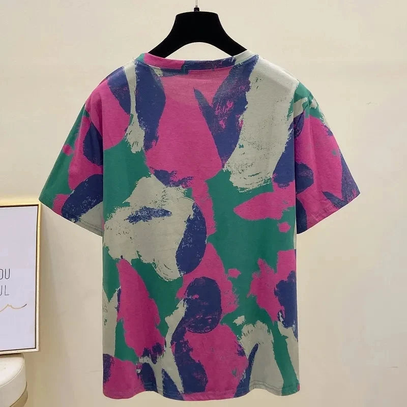 Tie Dye Printing Vintage O-Neck Pullover Short Sleeve T-Shirt Women's Blouse Shirt Korean Fashion Female Clothing Tops 2024
