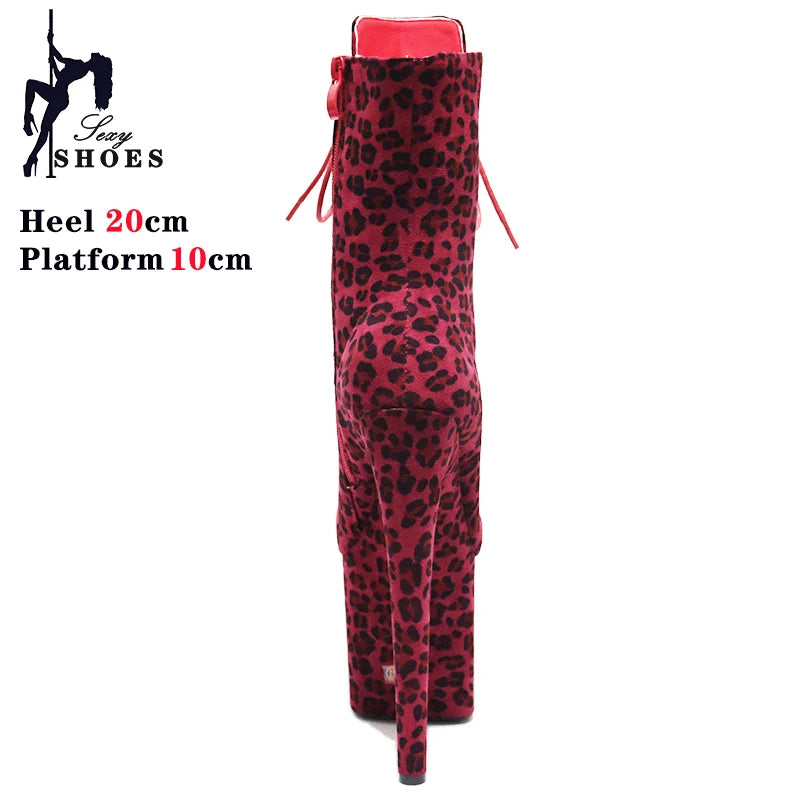 Sexy Fetish Leopard 20cm/8Inch Women's high-heeled Ankle Boots Lace-up Zip Platform Suede Pole Dance Shoes Large Size 44 WESTERN