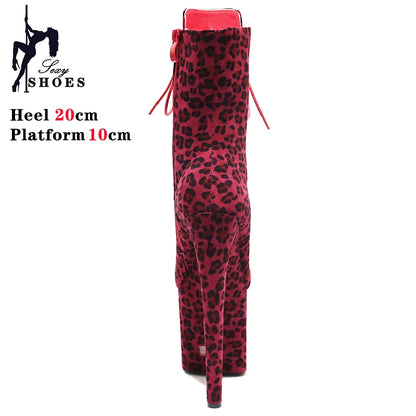 Sexy Fetish Leopard 20cm/8Inch Women's high-heeled Ankle Boots Lace-up Zip Platform Suede Pole Dance Shoes Large Size 44 WESTERN