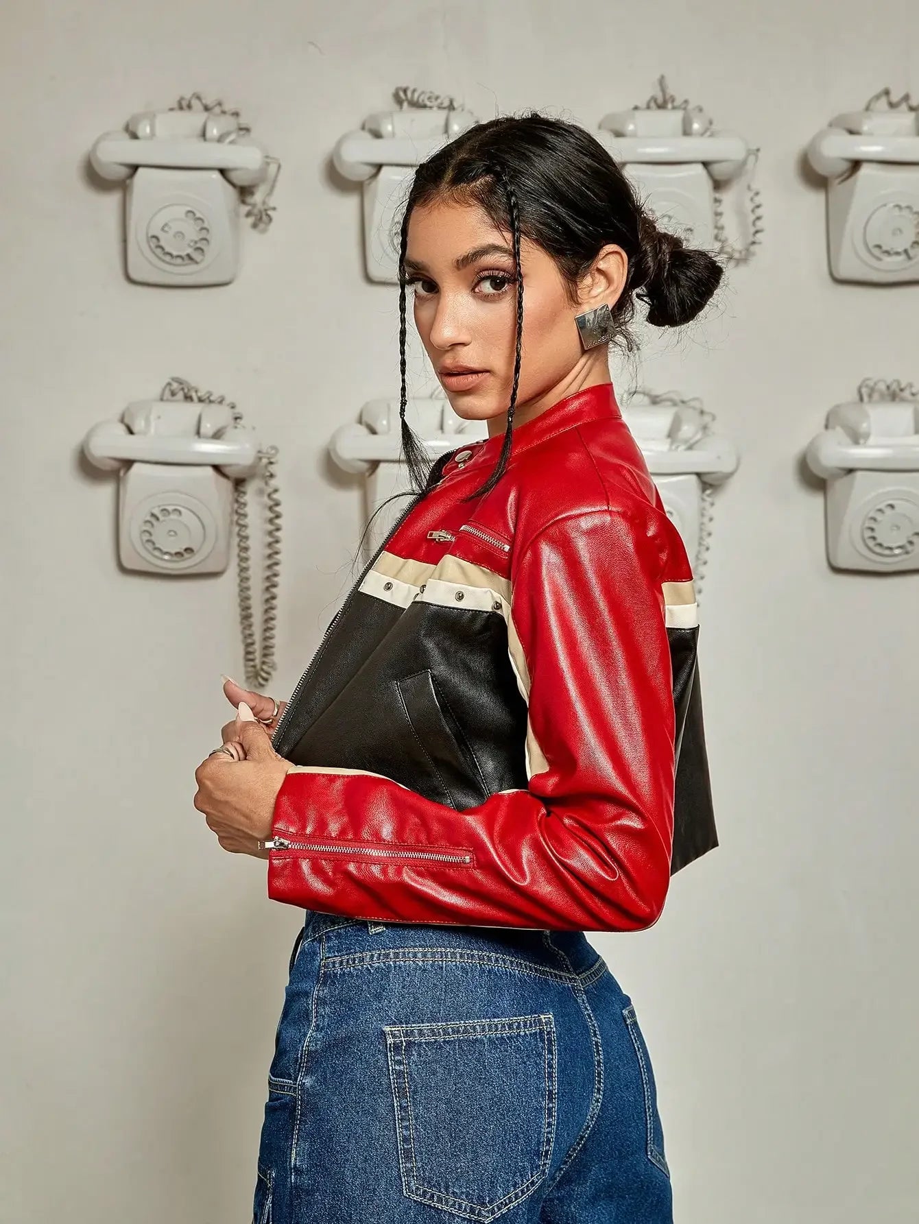 Cropped studded PU leather jacket female in red and black with stylish design for a trendy look
