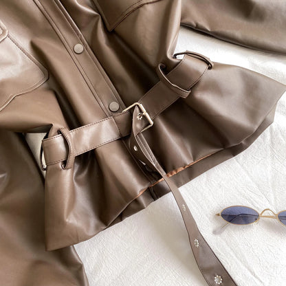 Fashion Tied Waist Long Sleeved Jacket for Women Autumn 2025 Casual Pocket Leather Jackets