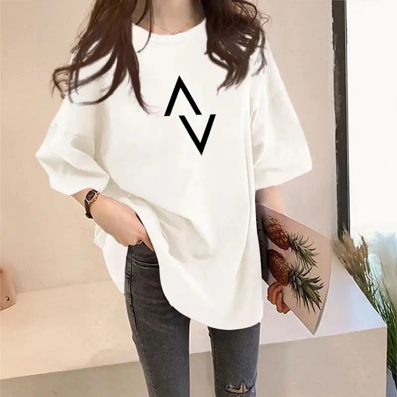 Summer Short Sleeve Crew Neck Women's Pullover Geometric Solid Color T-shirt Midi Casual Loose Comfortable All-match Tops