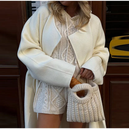 White Cable Knit Argyle Hooded Co-ord Set Long Sleeve Sweater Bodycon Shorts 2025 Cozy Retro Women Sets Daiy Casual Lady Outfit