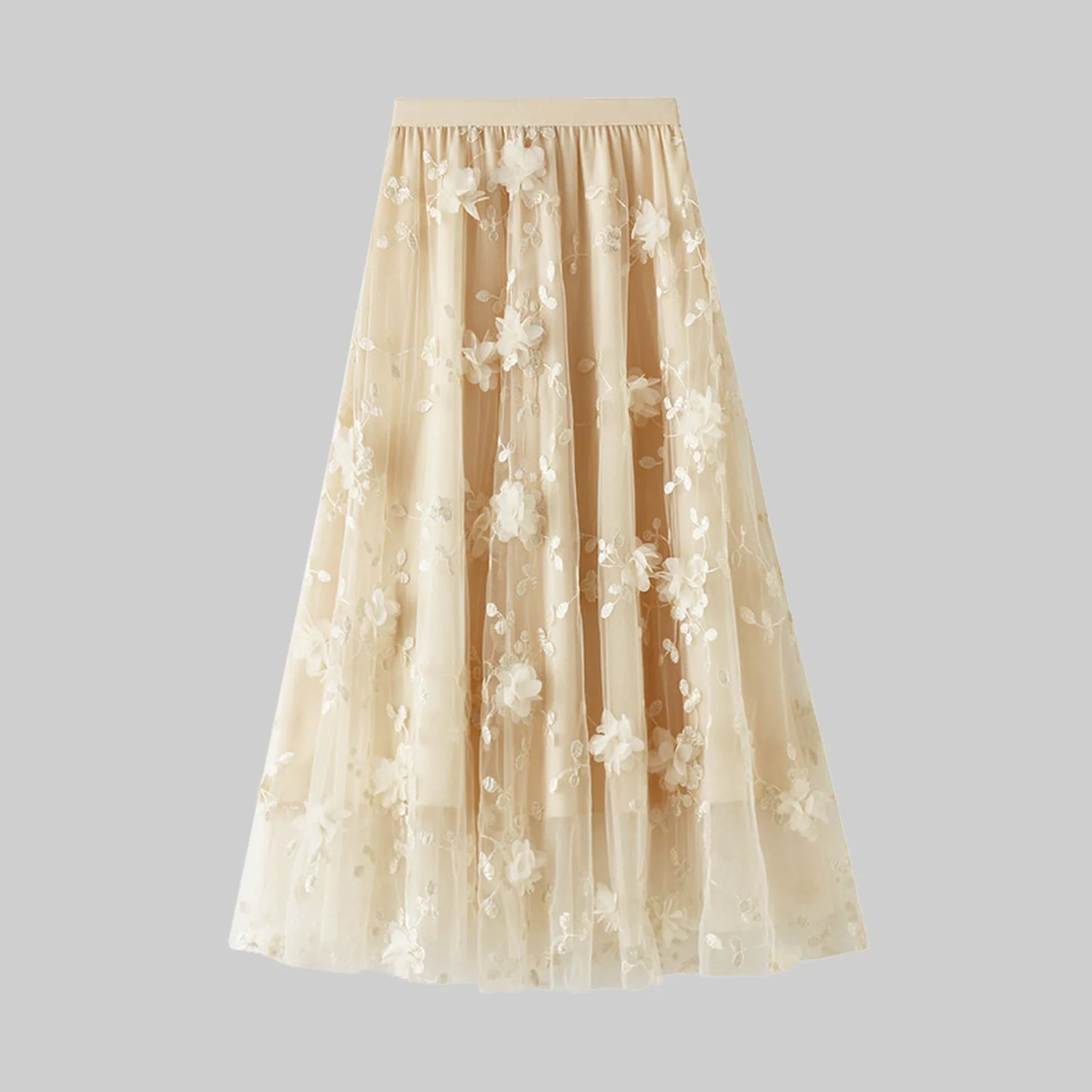 Korean Style Women's Floral Embroidered Mesh Skirt Harajuku High Waist A Line Midi Skirts Elegant Tulle Skirt Faldas Mujer