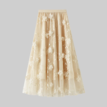 Korean Style Women's Floral Embroidered Mesh Skirt Harajuku High Waist A Line Midi Skirts Elegant Tulle Skirt Faldas Mujer