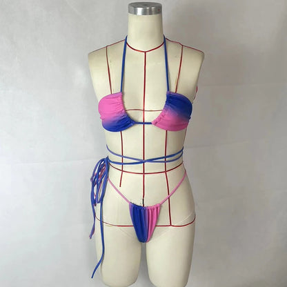 BEACHCICI Women's Bikini Two Set Sexy Gradient Color Tie up Halterneck String Lace Up Backless Pleated Holiday Beach Swimsuit