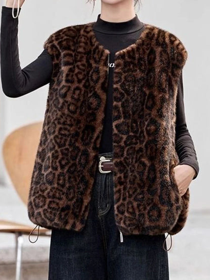 Winter fashion  casual senior sense thin  fur integrated leopard print vest warm top clothing  chalecos para mujer