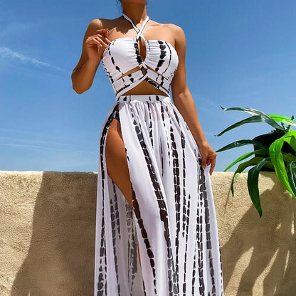 3 Pieces Swimsuit Women Tie Dye Print Swimwear Sexy Halter Bandage Bikini Set&Side Split Dress Cover-Up Beachwear Bathing Suits