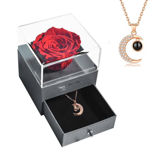 New Fashion Pendant Necklace In Rose Flower Jewelry Gift Box Preserved Rose Necklace Set Wedding Christmas Gift for Girlfriend
